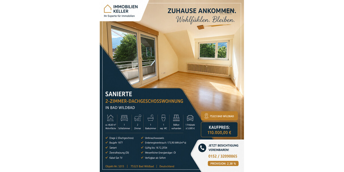 Zentrale 2-Zimmer Dachwohnung mit Balkon - Dachgeschoßwohnung Bad Wildbad Wildbad | Angebot:27278625