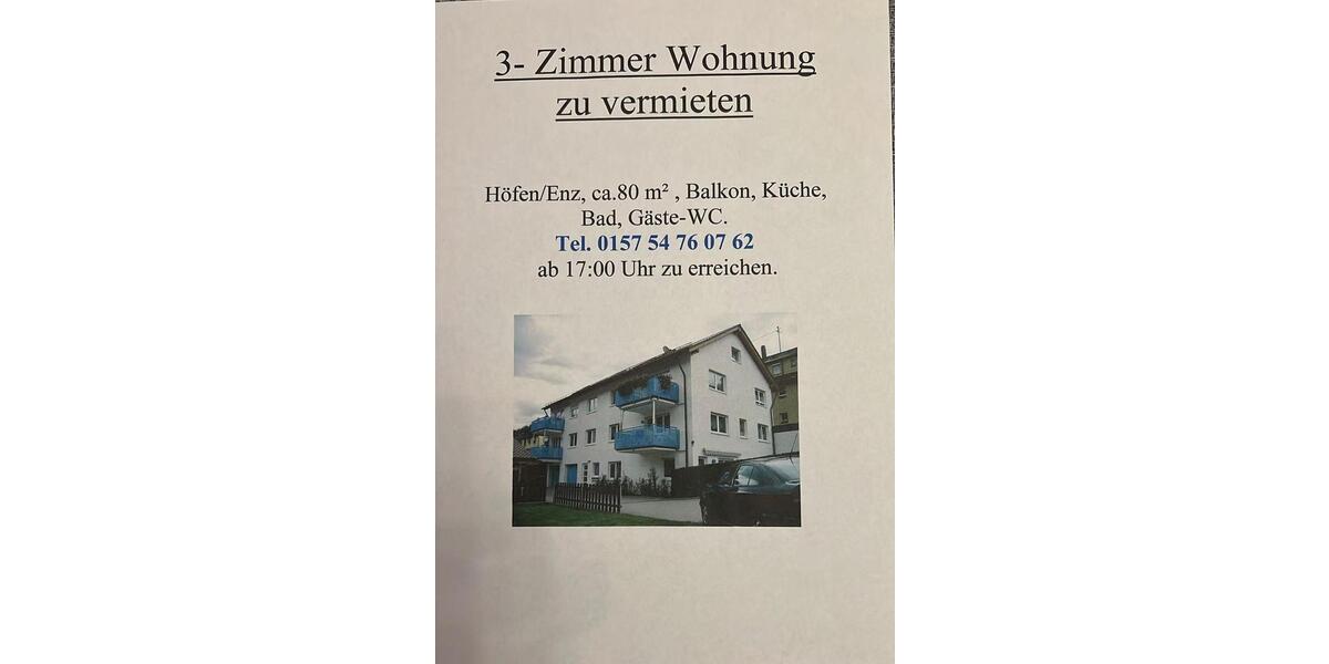 Etagenwohnung Höfen an der Enz - 3 Zimmer, 78 m&sup2;, 840&euro; | Angebot:25366426